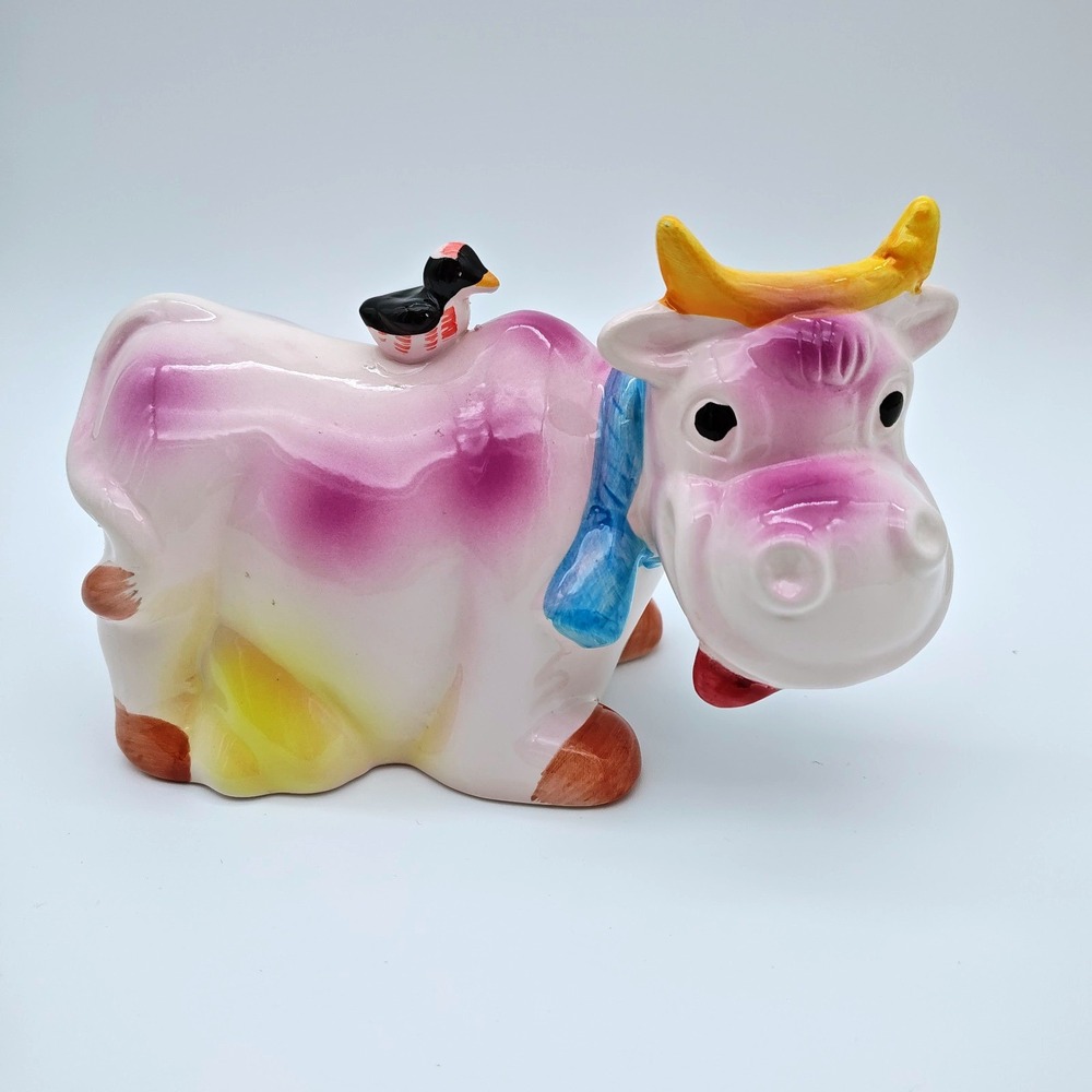 Vintage Ceramic Cow Figurine w/ Bird Colorful Kitsch Farmhouse Decor Japan Style